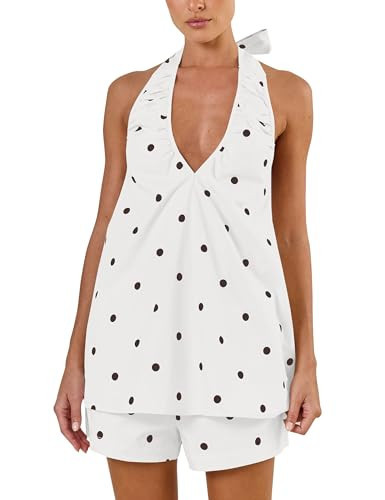 HOCANDY Polka Dot Short Set for Women Deep V Neck Sleeveless Halter A-line Top and Shorts Sets Polka Dot Two Piece Set | Amazon (US)