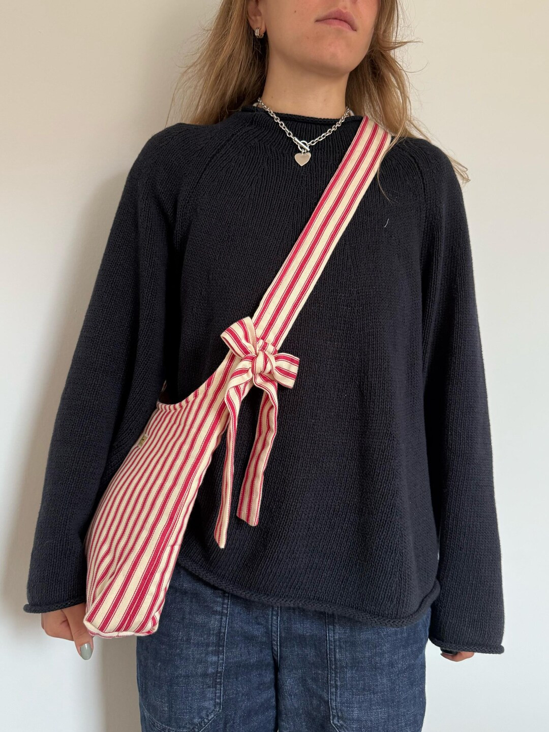 Cotton Striped Bag, Medium Bow Handbag, Reusable Crossbody Tote, Bow Cotton Purse, Lined Handmade... | Etsy (US)