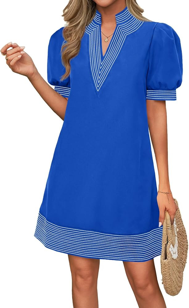 Wenrine Womens Summer V Neck Shift Dresses Casual Puff Short Sleeve Color Block Short Boho Beach ... | Amazon (US)