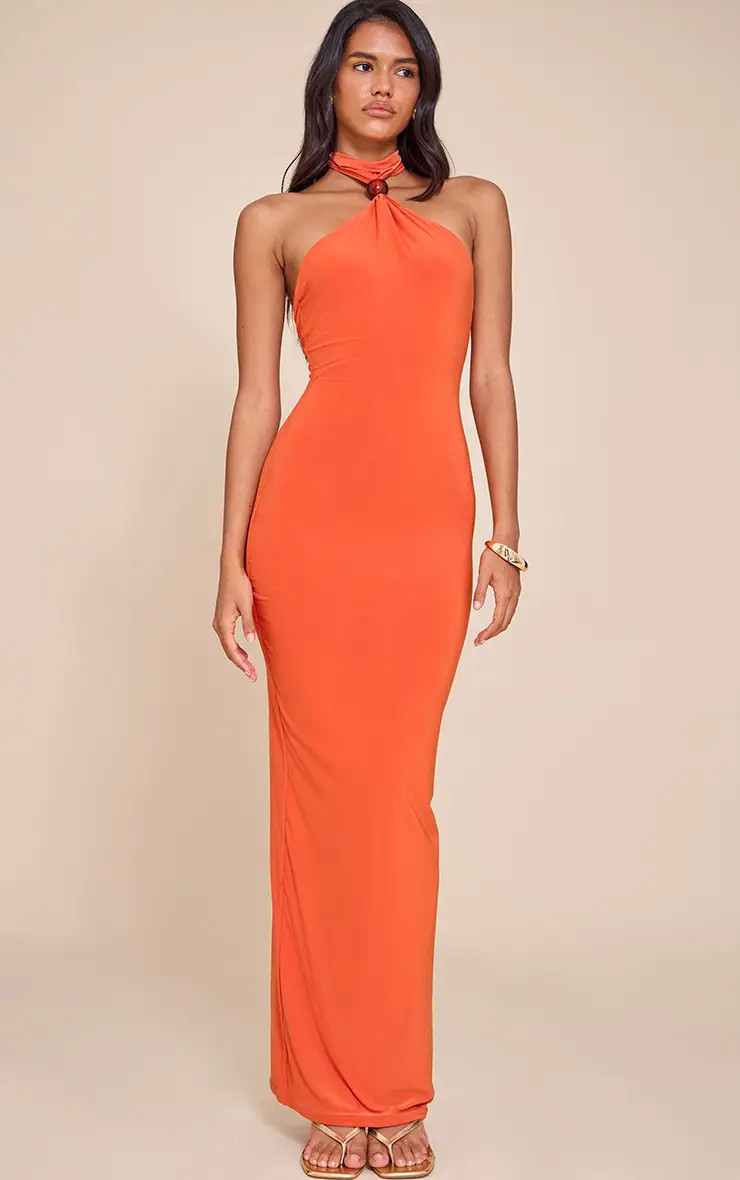 Burnt Orange Slinky Bead Detail Halter Maxi Dress | PrettyLittleThing USA | PrettyLittleThing US