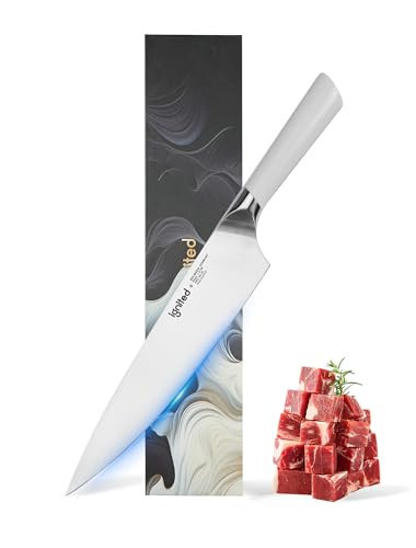 IGNITED CUTLERY Chef Knife 8 Inch, German High Carbon Stainless Steel Kitchen Knife with Ergonomic White Handle, Ultra Sharp Professional Cooking Knife in Gift Box for Home & Restaurant | Amazon (US)