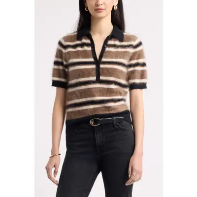 Nordstrom Brushed Cashmere Polo Sweater in Brown-Black Monty Stripe at Nordstrom, Size Xx-Large | Nordstrom