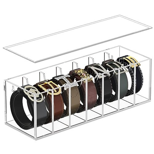 FEMELI Belt Organizer, Acrylic Belt Storage for Closet with Dust Cover, 7 Compartments Belt Container Display Holder for Drawer, Clear Belt Tie Case for Women Men Home | Amazon (US)