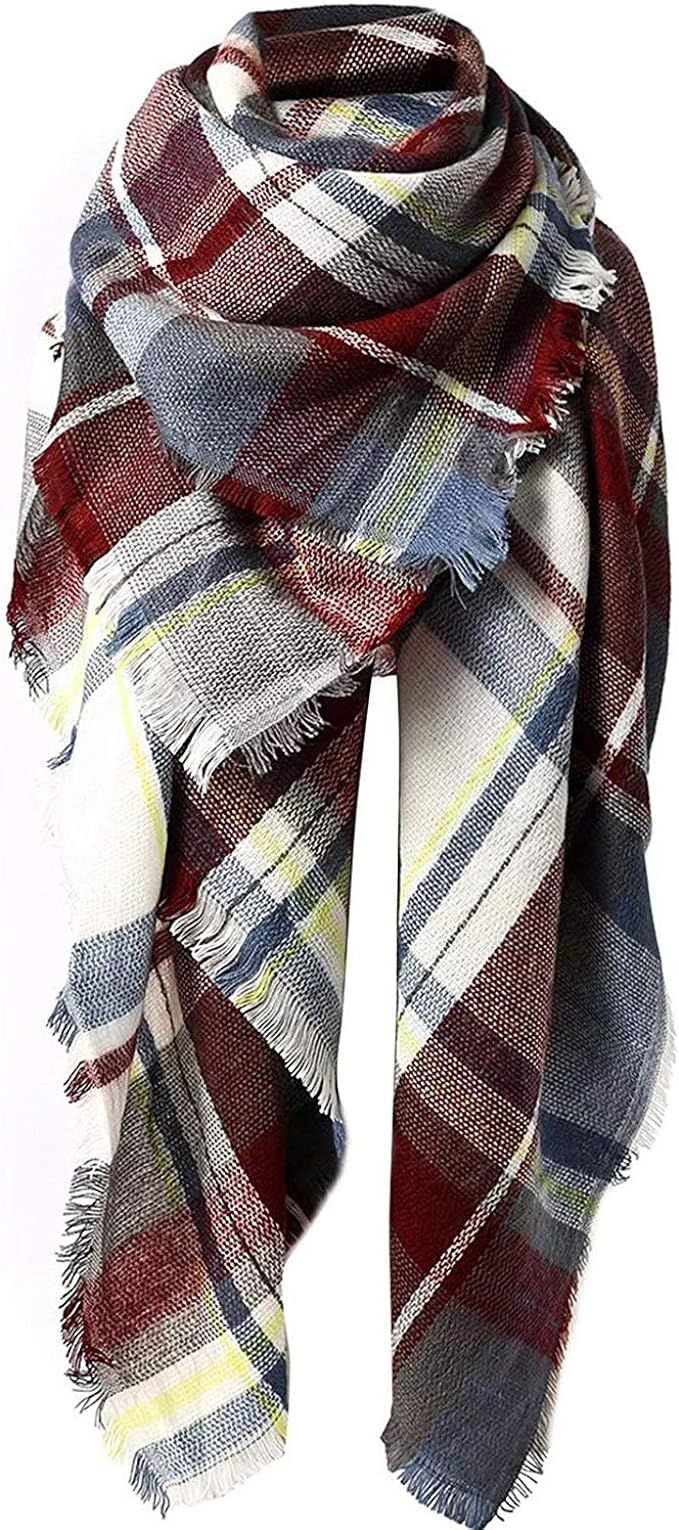 Zando Plaid Blanket Thick Winter Scarf Tartan Chunky Wrap Oversized Shawl Cape | Amazon (US)