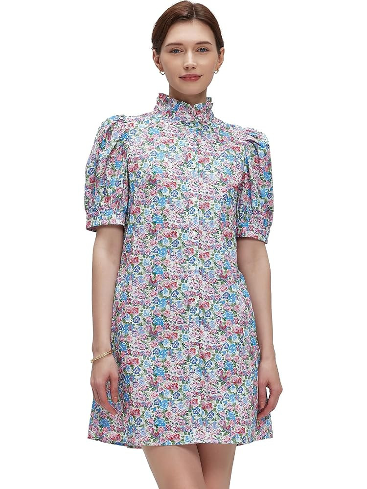 Women Summer Floral Mini Dress Ruffle Neck Puffer Sleeve Boho Beach Shift Dresses | Amazon (US)