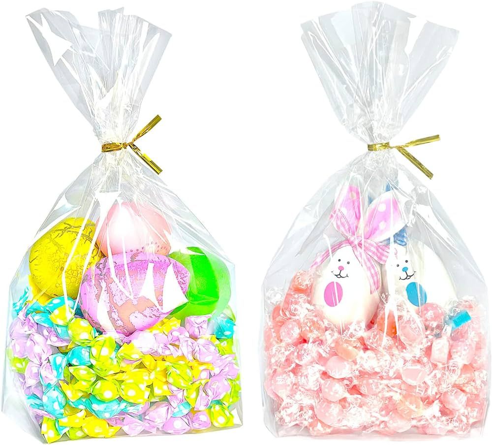 PigPotParty 8"x 11", 50Pcs Bottom Gusset Bags, Clear Cello Cellophane Treat Goodie Bags with 50x ... | Amazon (US)