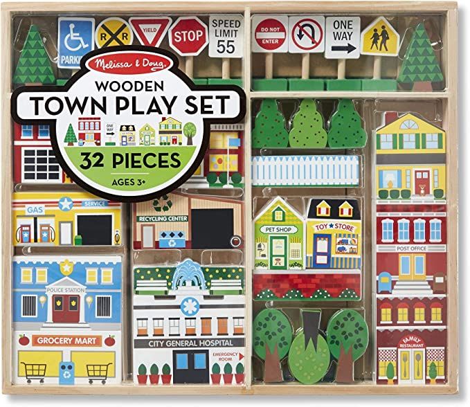 Melissa & Doug Wooden Town Play Set With Storage Tray (32 pcs) | Amazon (US)