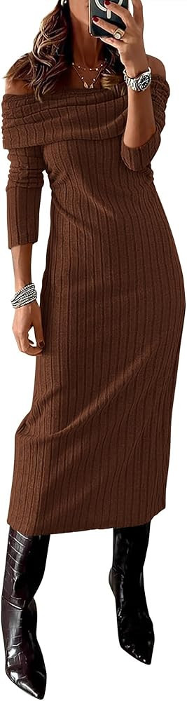 PRETTYGARDEN Women's Fall Dresses 2024 Sexy Off Shoulder Long Sleeve Bodycon Ribbed Knit Club Wed... | Amazon (US)