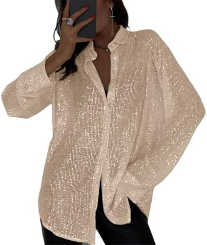 Womens Sequins Long Sleeve Collared Shirt Button Down Open Front Shirt Loose Blouses Shirts Tops | Amazon (US)