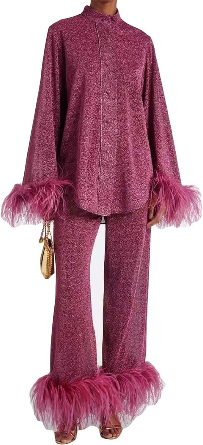 Women's Sexy 2 PCS Feather Tunic Blouse Shirts Tops Bodycon Wide Leg Pants Cocktail Party Outfits Tracksuit Set | Amazon (US)