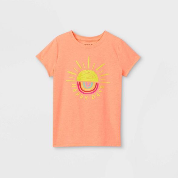 Girls' 'Happy Days' Graphic Short Sleeve T-Shirt - Cat & Jack™ Neon Peach | Target