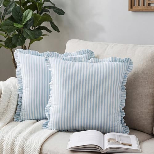 Yousoontic 2 Pcs Striped Coastal Pillows Cover with Ruffle 20 x 20 Inches Blue and White Square S... | Amazon (US)