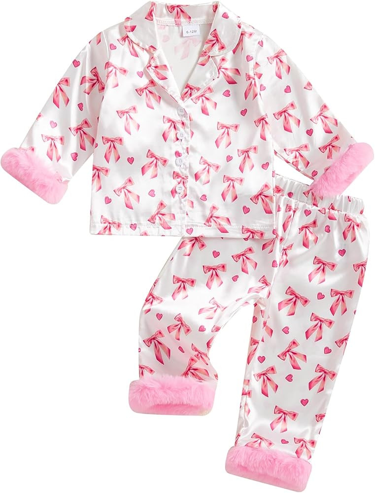 Toddler Baby Girls Silk Satin Pajamas Set Feather Trim Long Sleeve Botton Shirt Tops Pajama Pant ... | Amazon (US)
