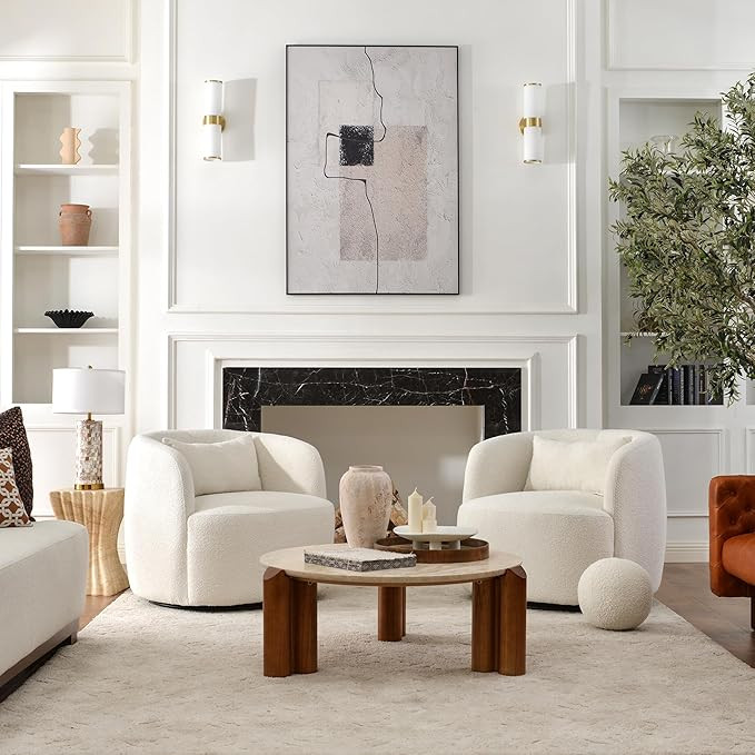 KINWELL 34" Wide Sherpa Swivel Barrel Chairs Set of 2, No Assembly Round Boucle Upholstered Accen... | Amazon (US)