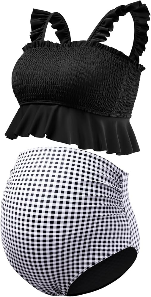 GINKANA Maternity Bikinis Two Piece Swimsuit Ruffle Straps High Waist Pregnancy Swimwear Ruffled ... | Amazon (US)