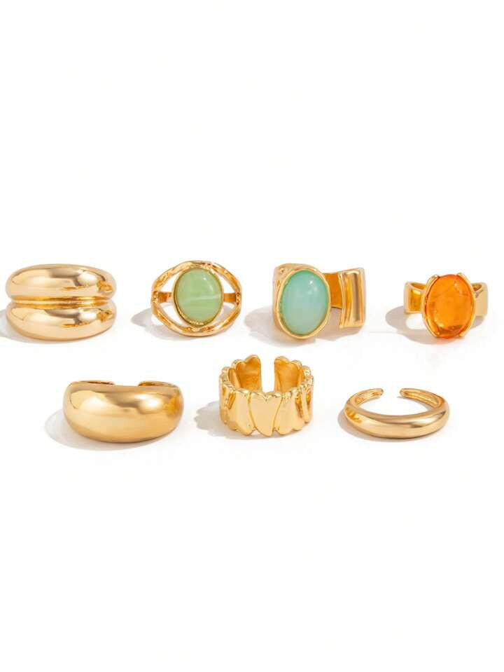 7pcs/Set Fashion Stacked Rings Set With Gemstones, Vintage Metal Hammered Open Rings, Suitable Fo... | SHEIN