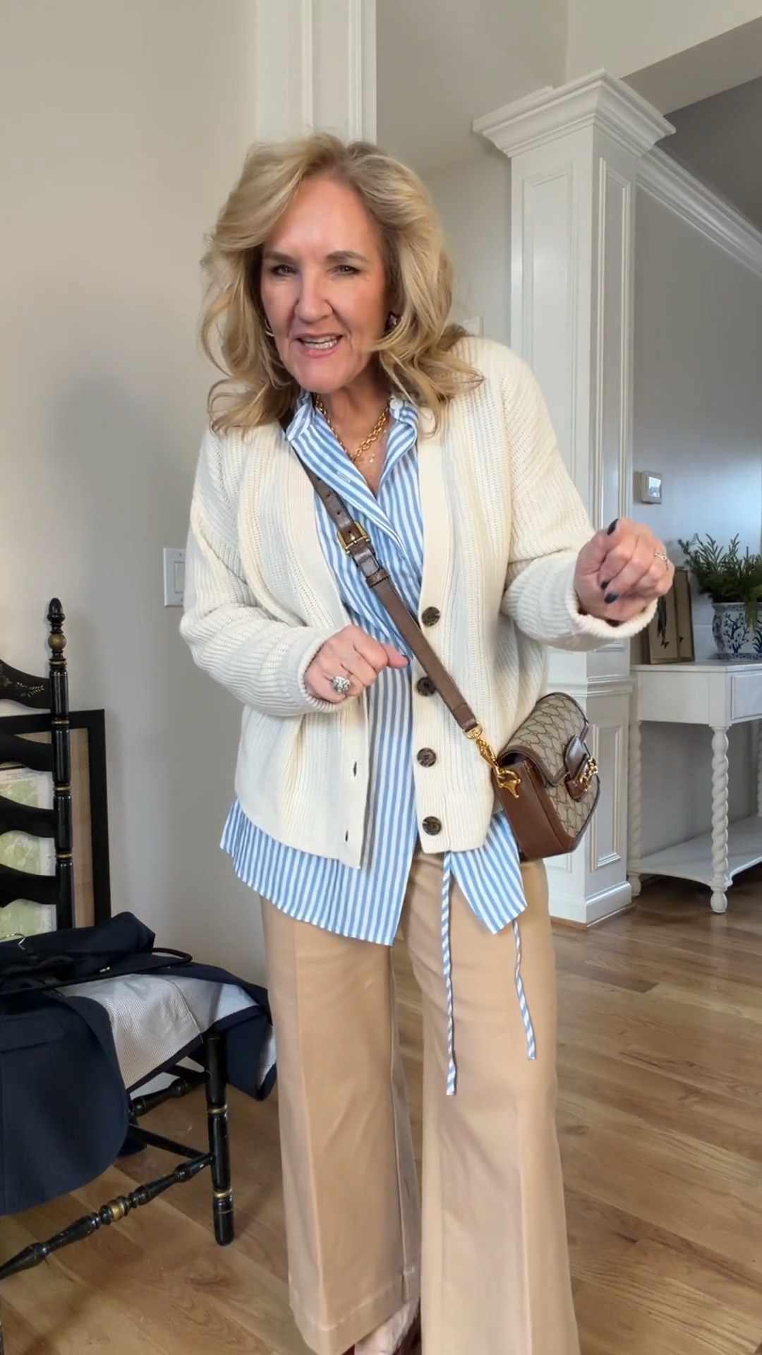 Layering for your winter outfits. Whether business casual or a day of errands. Love this look. 
Blouse size medium 
Khakis size 8 
Navy blazer 10 petite 
Cashmere cardigan size medium also linking a couple cotton cardigans 
Merlot flats true to size 
Gucci bag. I’ll link a few great bag options too  

#LTKSaleAlert #LTKWorkwear #LTKOver40