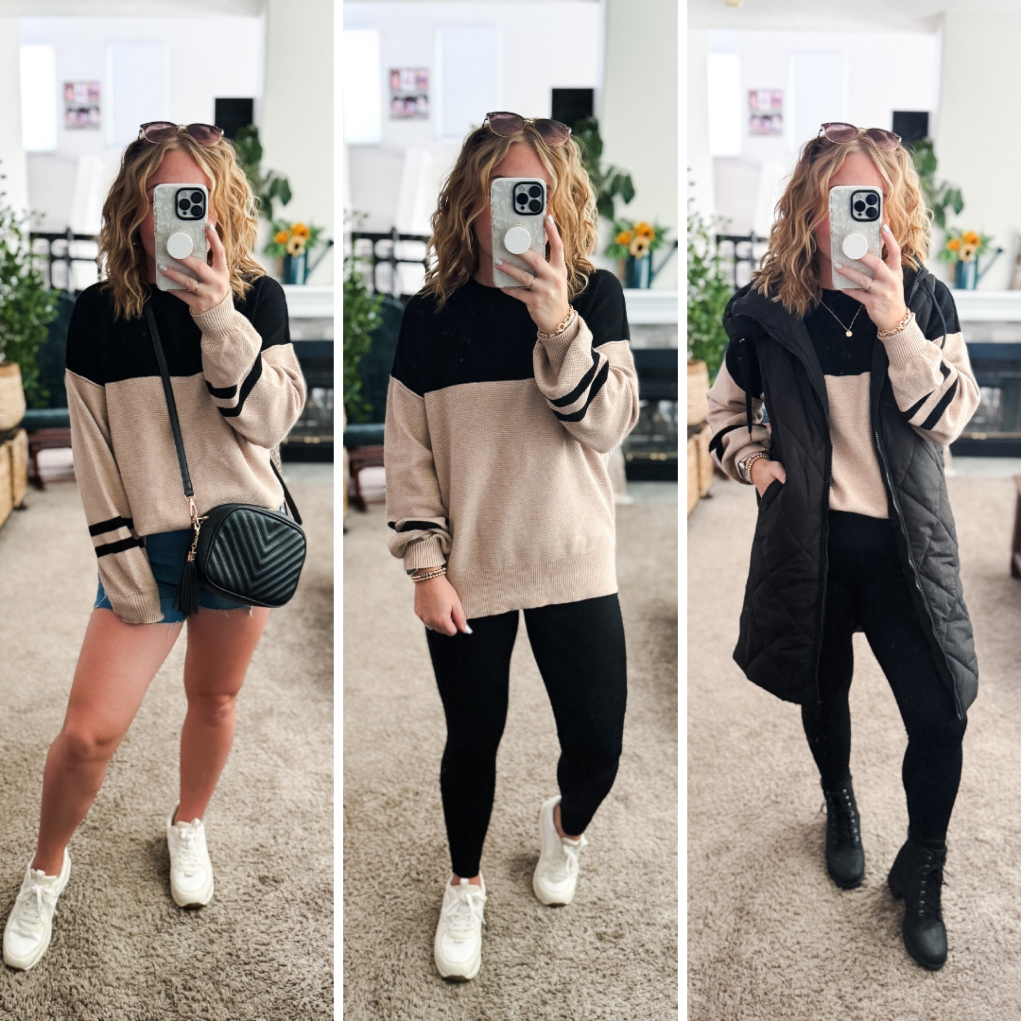 3 different ways to style this beige and black oversized sweater as we transition into the colder fall and winter days. I’m wearing a small in this sweater and in the oversized puffer vest for reference. 

//Fall outfits 2024, fall leggings outfit, faux leather leggings, early fall outfit, fall fashion finds,petite fashion, casual mom outfit ideas, fall outfit amazon, amazon outfit ideas, casual outfit ideas, outfit inspo, casual fashion, amazon fall fashion,  casual outfit fall, cute casual outfit, outfit ideas fall, amazon shoes, amazon bag, purse, size 4-6, casual fall outfits, casual outfit ideas everyday, fall tops, fall shoes, fall bags #ltkfindsunder100 #ltksalealert #ltkseasonal 

#LTKFindsUnder50 #LTKShoeCrush #LTKStyleTip