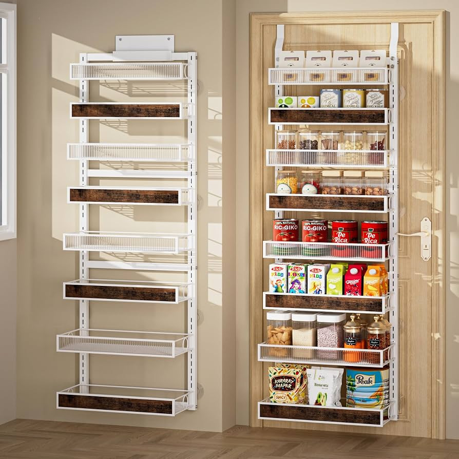 Over The Door Pantry Organizer,8 Tier Hanging Door Spice Rack with Adjustable Wood Basket and Acy... | Amazon (US)
