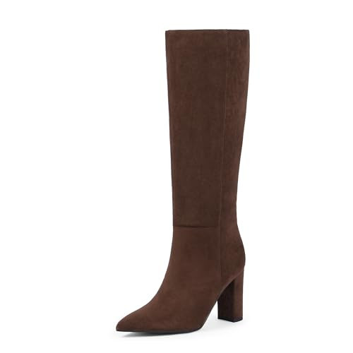 Modatope Suede Brown Chunky Heel Knee High Boots Pointed Toe Block Heel Fall Boot Side Zipper Dress Winter Tall Boot With Side Zipper Size 9.5 | Amazon (US)