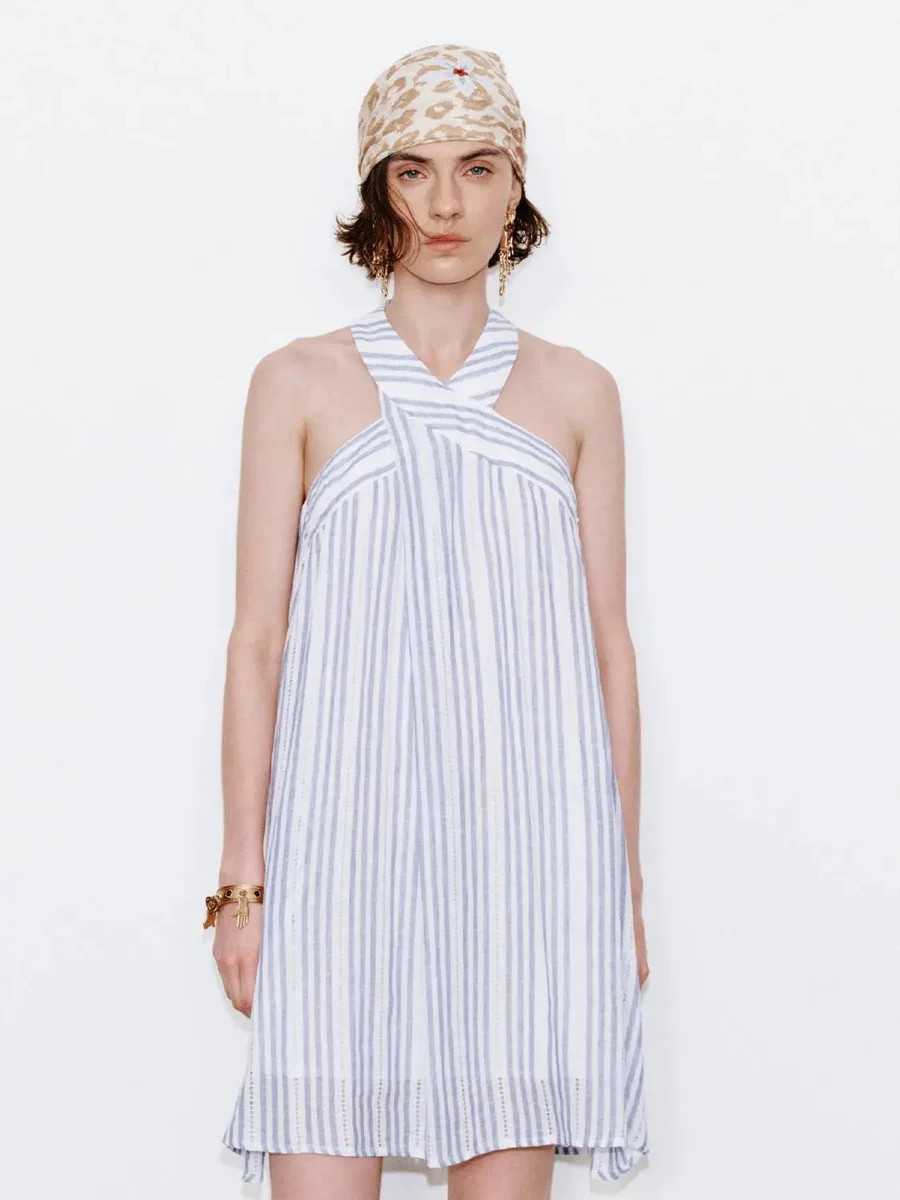 Linen Blend Halter Neck Striped A Line Dresses | Urban Revivo
