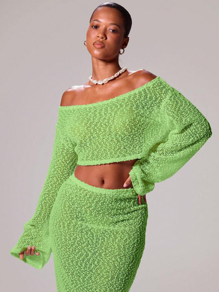 MUSERA Slash Neck Textured Knit Wide Long Sleeve Crop Top Cover Up Only Ibiza Sexy Vacation Holiday Spring Summer Beachwear Romantic Elegant Birthday | SHEIN