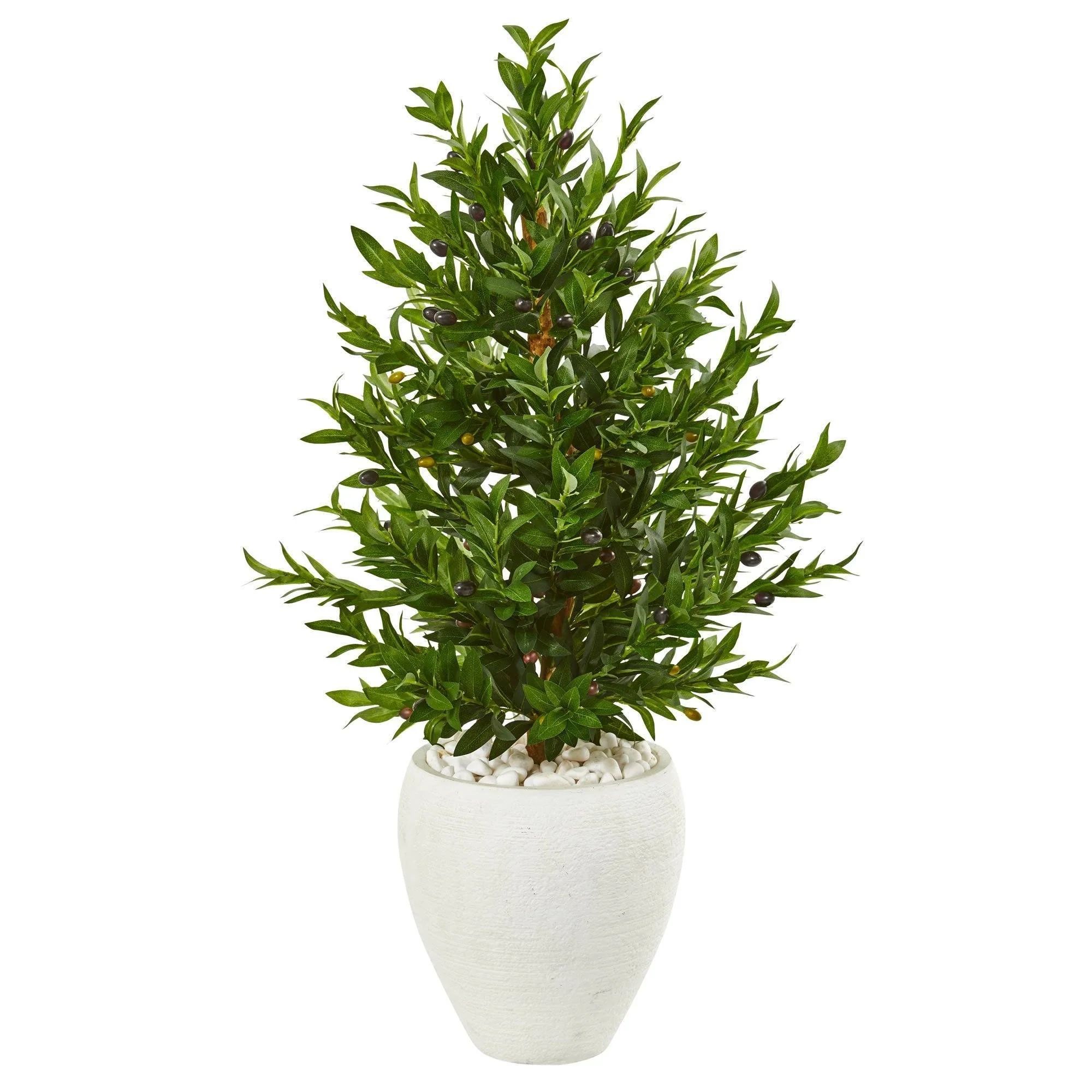 3.5’ Olive Cone Topiary Artificial Tree in White Planter (Indoor/Outdoor) | Nearly Natural