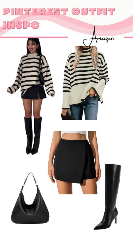 Pinterest winter outfit recreation! Striped sweater, viral amazon skort, heeled boots, black hobo bag

#LTKSeasonal #LTKstyletip #LTKfindsunder100