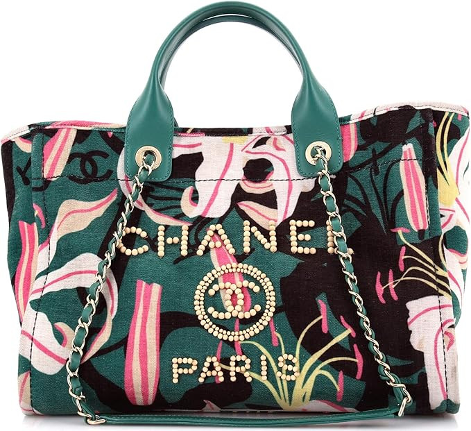 Amazon.com: Chanel, Pre-Loved Deauville NM Tote Printed Velvet with Wooden Pearls Small, Green : ... | Amazon (US)