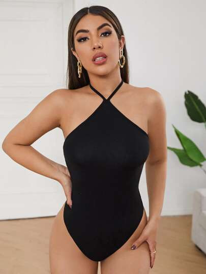 SHEIN Solid Skinny Halter Bodysuit | SHEIN