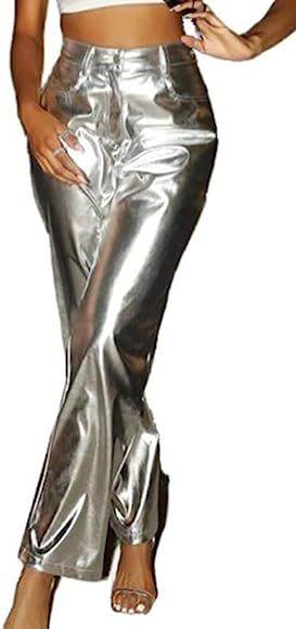 LROSEY Women's Shiny Metallic Holographic Straight Leg Faux Leather Pants with Pockets | Amazon (US)