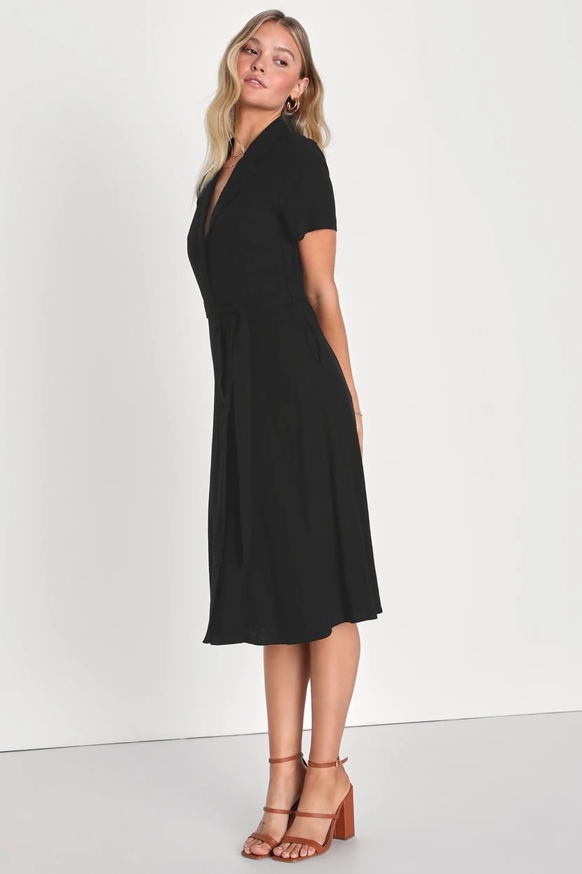 Sweet Sincerity Black Linen Button-Up Midi Dress With Pockets | Lulus
