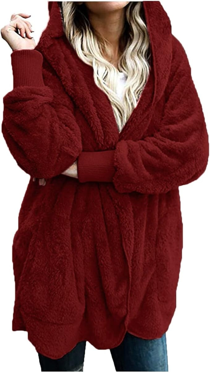 Fuzzy Fleece Jacket Women Oversized Cozy Open Front Hooded Cardigans Sherpa Jacket Winter Coats O... | Amazon (US)