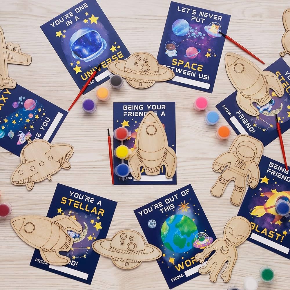 GOGREENWOVEN Valentines Day Gifts for Kids - 24 PCS Valentines Cards for Kids Classroom School - Space Wood Painting Craft Kits - Valentines Party Favors for Boys Girls Gift Exchanges | Amazon (US)