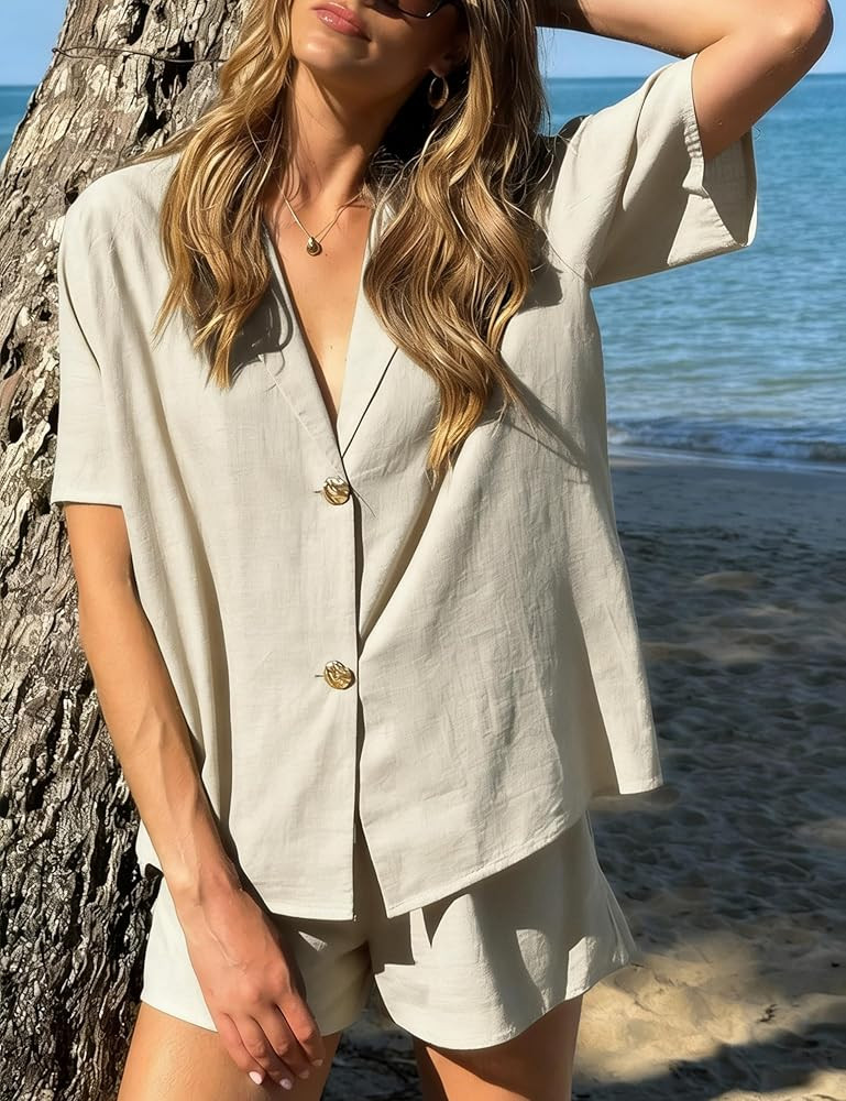 APAFES Women 2 Piece Set Button Down Shirt Shorts Sets Summer Two Piece Outfits Beach Vacation Ca... | Amazon (US)