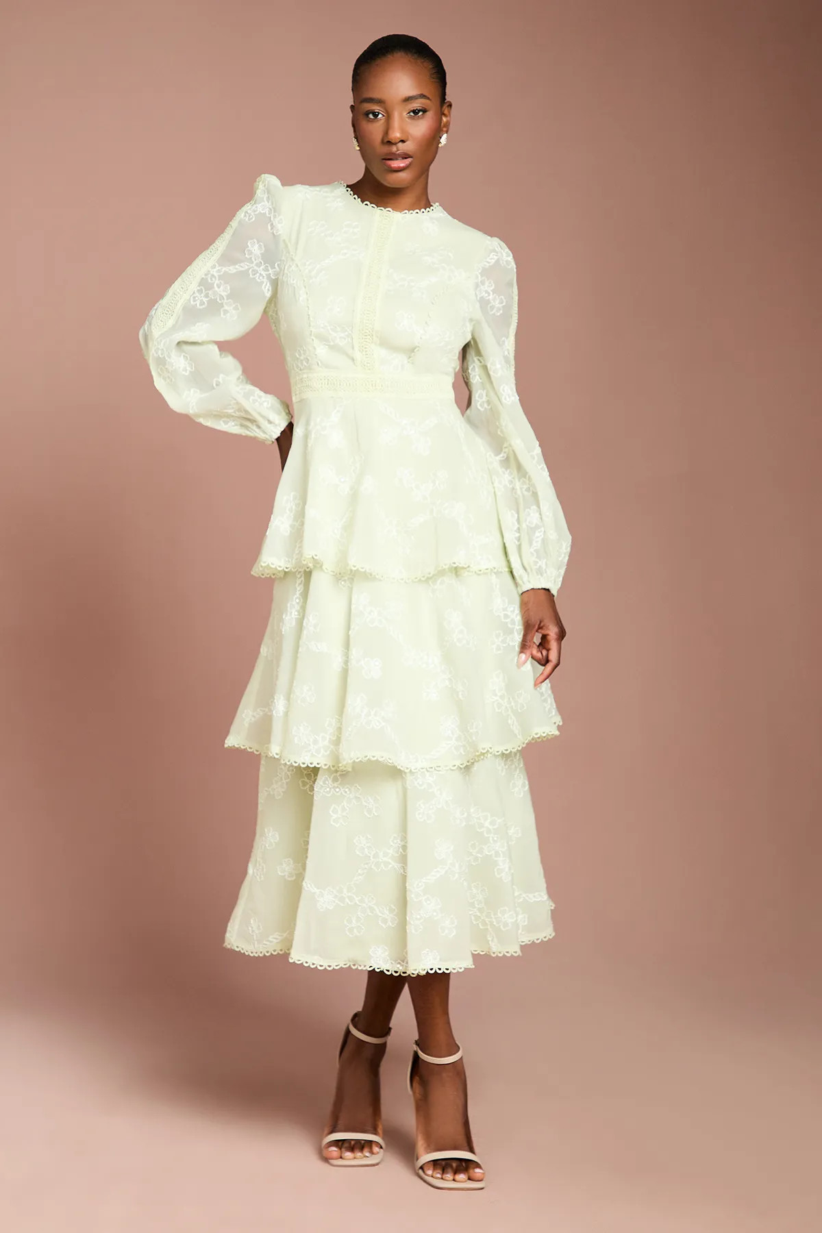 Sage Coast Lace Trim Embroidered Mesh Midi Dress | Coast | Coast UK & IE