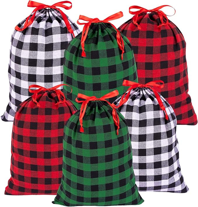 Joycraft 6Pcs Christmas Drawstring Gift Bags - 3 Styles Buffalo Plaid Bags, Cotton Cloth Wrapping... | Amazon (US)