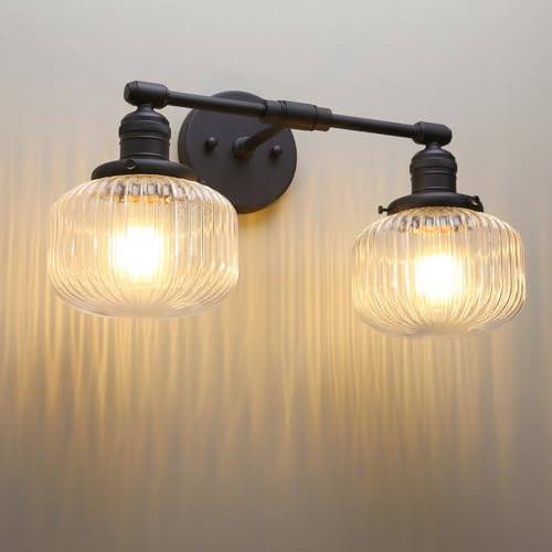 Phansthy Vintage Hardwired Sconces Wall Lighting, Bathroom Vanity Light Fixtures Antique Brass, Modern Wall Light with Clear Striped Glass Shade for Bedroom Fireplace Hallway (Black, Two-Light) | Amazon (US)