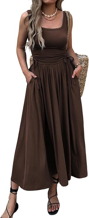 Women’s Boho Summer Maxi Dress with Pockets, Adjustable Waist, Sleeveless Casual Ruched Sundres... | Amazon (US)