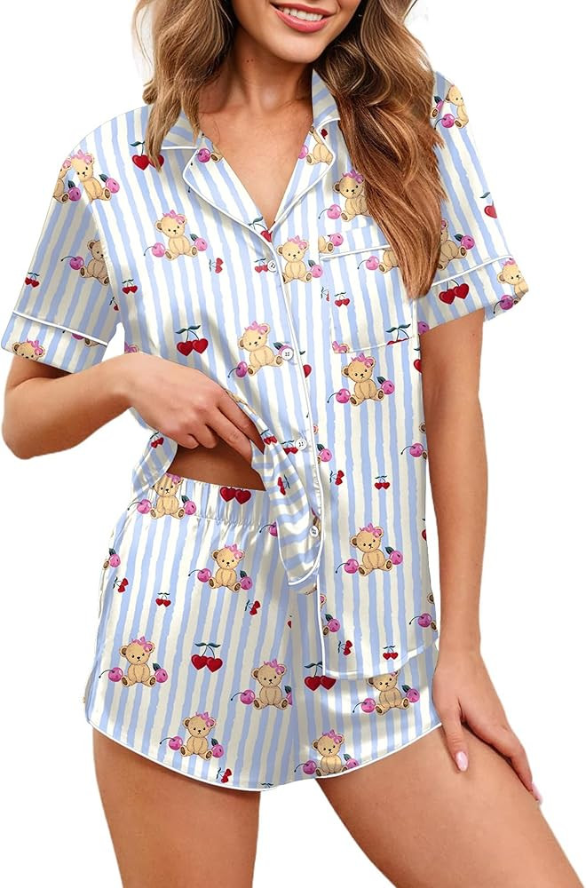 Ekouaer Womens Silk Satin Pajamas Set Short Sleeve Sleepwear Button Down Loungewear 2 Piece Pjs S... | Amazon (US)