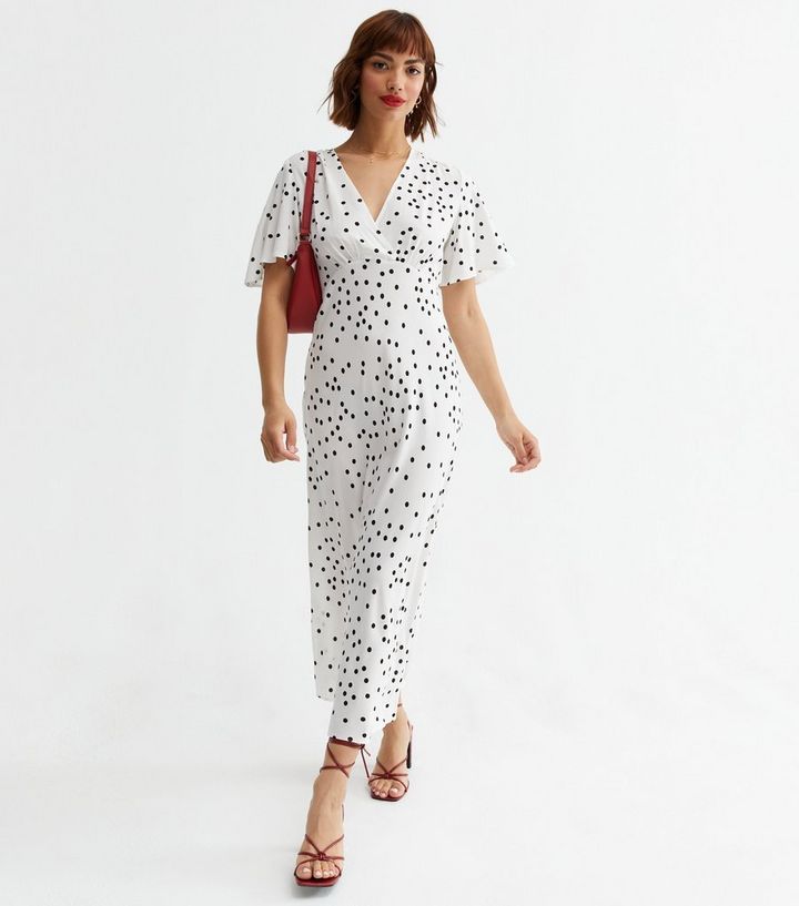 White Spot Flutter Sleeve V Neck Midi Wrap Dress
						
						Add to Saved Items
						Remove fro... | New Look (UK)