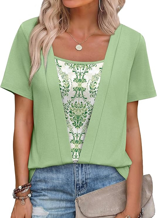 WIHOLL Womens Summer Tops Trendy 2 in 1 Blouses Short Sleeve Shirts Casual T Shirts Beach Vacatio... | Amazon (US)