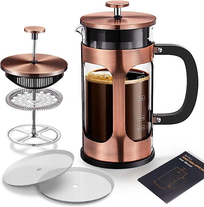 BAYKA French Press Coffee Maker, Glass Classic Copper 304 Stainless Steel Coffee Press, Cold Brew... | Amazon (US)
