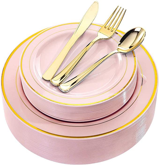 bUCLA 30Guest Pink Plastic Plates With Gold Rim - Disposable Gold Plastic Silverware -Pink And Go... | Amazon (US)