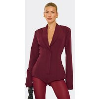 Plunge Neck Shoulder Pad Detail Tailored Playsuit In Burgundy, Women's Size UK 4 | EGO (UK)