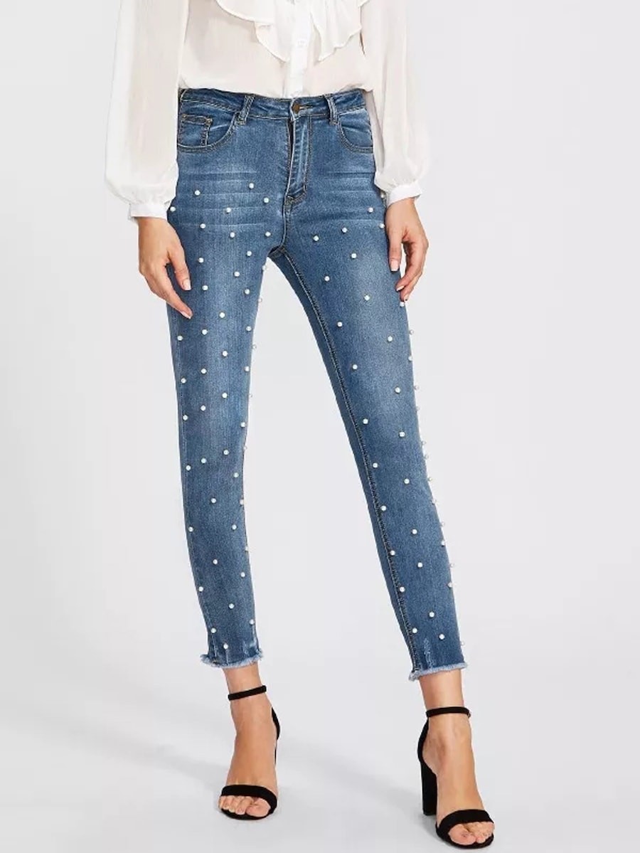 SHEIN Pearl Beaded Frayed Hem Jeans | SHEIN