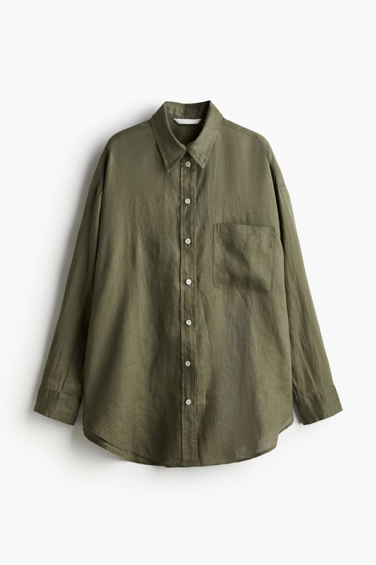Oversized Linen Shirt - Dark khaki green - Ladies | H&M US | H&M (US + CA)