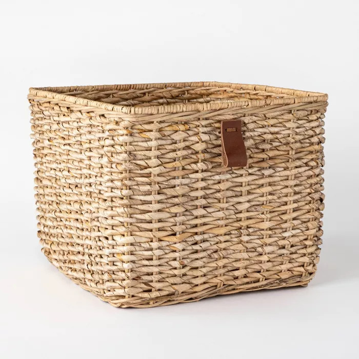 Decorative Cube Basket with Leather Pull 13" x 11" White - Threshold™ designed with Studio McGe... | Target