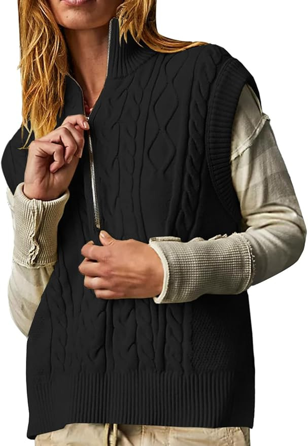 Bigeoosh Womens Sweater Vest Turtleneck Half Zip Cable Knit Sleeveless Casual Loose Fit Sweater P... | Amazon (US)