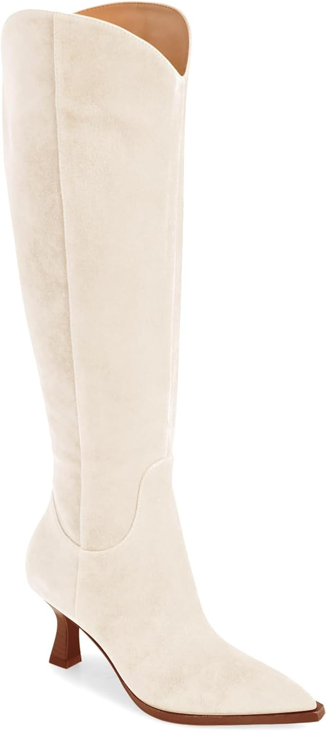 Coutgo Womens Wide Calf Knee High Boots Kitten Heel Pointed Toe Tall Boots Side Zipper Fall Winter Shoes | Amazon (US)